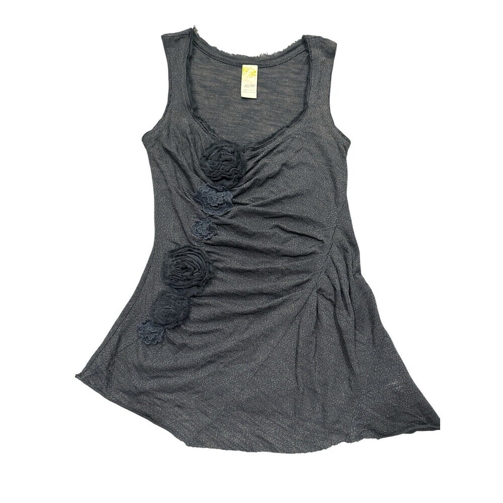 Free People Dark Gray Floral Appliqué Ruched Tank Top Sleeveless Size XS - Picture 2 of 7